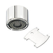 Chrome cylindrical spray outlet with multi-laminar aerator and separate vandal-resistant key tool.