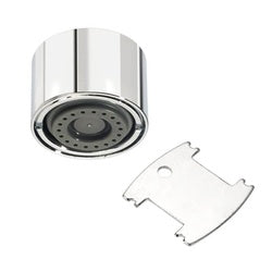 Chrome cylindrical spray outlet with multi-laminar aerator and separate vandal-resistant key tool.