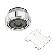 Chrome spray outlet with multi-laminar head and separate vandal-resistant key tool.