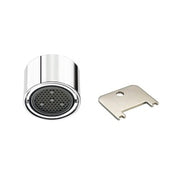 Chrome faucet aerator with perforated spray face and metal mounting bracket.