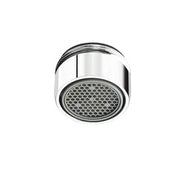 Chrome laminar flow faucet outlet with perforated aerator screen and male threaded connection.