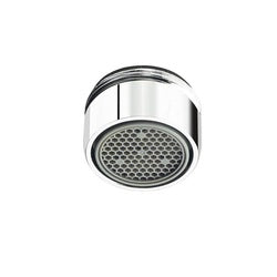 Chrome laminar flow faucet outlet with perforated aerator screen and male threaded connection.