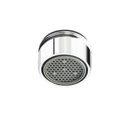 Chrome laminar flow faucet outlet with perforated aerator head and male thread connection.