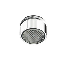 Chrome laminar flow faucet outlet with perforated aerator head and male thread connection.