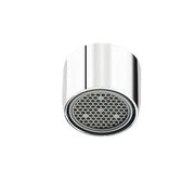 Chrome laminar flow outlet aerator with perforated disk and female thread connection.