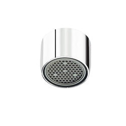 Chrome laminar flow outlet aerator with perforated disk and female thread connection.