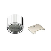 Chrome laminar flow faucet outlet with perforated face and accompanying stainless steel mounting bracket.