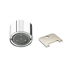 Chrome laminar flow faucet outlet with perforated face and accompanying stainless steel mounting bracket.