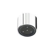 Chrome faucet aerator with perforated black mesh disc and female threaded connector.