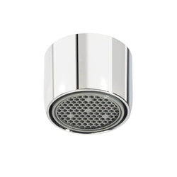 Chrome cylindrical faucet aerator with perforated mesh screen at bottom.