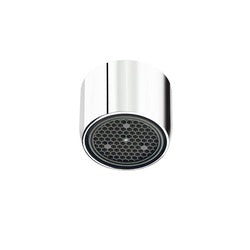 Chrome and black aerator with perforated disc spray pattern, 1.5 GPM flow rate.