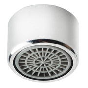 Chrome aerator with black grid insert, 2.2 GPM flow rate for wok faucets, cylindrical design with female thread connection.