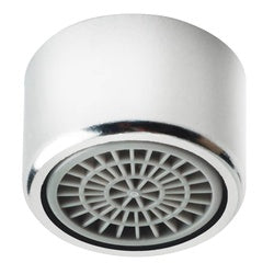 Chrome aerator with black grid insert, 2.2 GPM flow rate for wok faucets, cylindrical design with female thread connection.