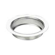 Chrome stainless steel drain flange ring with threaded interior and flat mounting surface.
