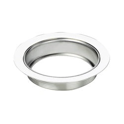 Chrome stainless steel drain flange ring with threaded interior and flat mounting surface.