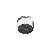 Chrome faucet aerator with perforated black screen and male threaded connector.