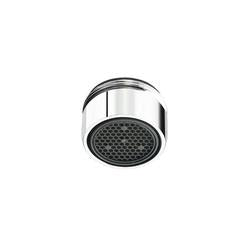 Chrome faucet aerator with perforated black screen and male threaded connector.
