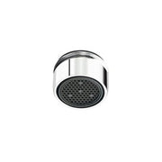 Chrome and black faucet aerator with perforated spray head and male threading.