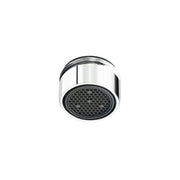 Chrome and black aerator with perforated disk screen and male thread connector.