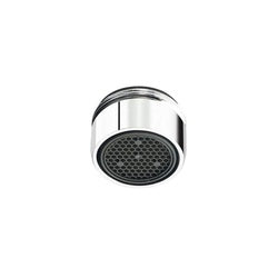 Chrome and black aerator with perforated disk screen and male thread connector.