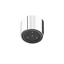 Chrome faucet aerator with perforated black disc insert and female threaded connection.