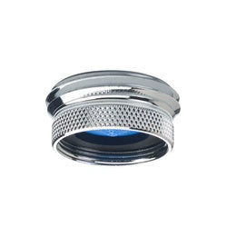 Brass garden hose adapter with 15/16 male thread, textured grip band, and blue rubber seal.