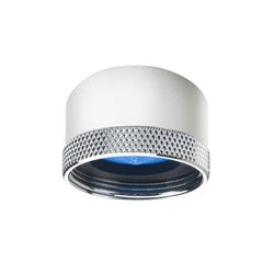 White female garden hose adapter with knurled grip band and blue interior threads, 55/64-27 size.