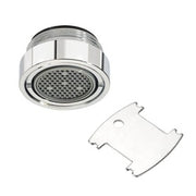 Chrome faucet aerator with perforated disc and separate vandal-resistant key tool.