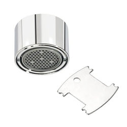 Chrome aerator with perforated mesh screen and separate vandal-resistant key tool.