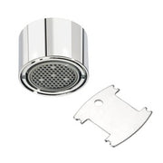 Chrome aerator with perforated disc face and matching vandal-resistant wrench key.