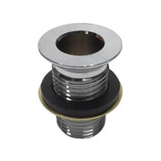 Nickel-plated drain fitting with threaded base and circular top collar, featuring black rubber gasket.