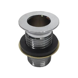 Nickel-plated drain fitting with threaded base and circular top collar, featuring black rubber gasket.