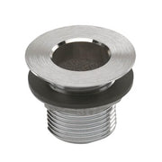 Nickel-plated brass drain fitting with threaded base and rubber gasket seal.