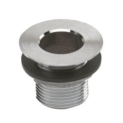 Nickel-plated brass drain fitting with threaded base and rubber gasket seal.