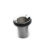 Stainless steel sink drain with slanted top, threaded cylindrical body, and black rubber collar on white background.