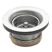 Stainless steel sink drain with 1-1/2-inch full flange, rubber gasket, and brass fitting.