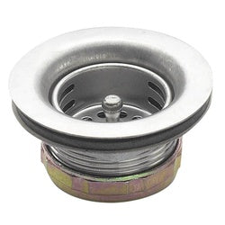 Stainless steel sink drain with 1-1/2-inch full flange, rubber gasket, and brass fitting.