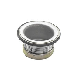 Stainless steel drain fitting with 1-1/2-inch cut flange and brass base collar.