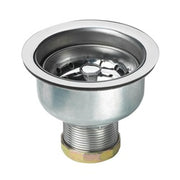 Stainless steel sink strainer drain with long shank and threaded brass outlet fitting.