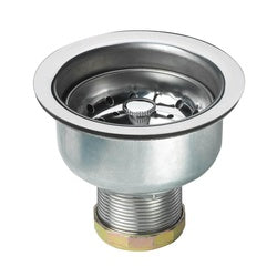 Stainless steel sink strainer drain with long shank and threaded brass outlet fitting.