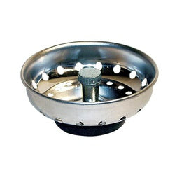 Stainless steel sink strainer basket with perforated holes and black rubber base cup.