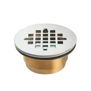 Brass floor drain with stainless steel strainer grate and rubber gasket seal.