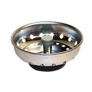 Stainless steel sink basket with fixed post center and perforated drainage holes.