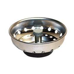 Stainless steel sink basket with fixed post center and perforated drainage holes.