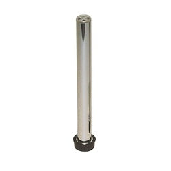 Stainless steel cylindrical overflow pipe with rounded top and base flange, 1-1/4 inches in diameter.