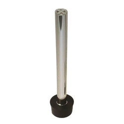 Chrome overflow pipe with black rubber base, vertical cylindrical design.