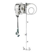 Stainless steel enclosed hose reel assembly with center-mounted faucet and coiled hose attached to wall bracket.