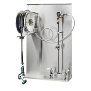 Stainless steel wall-mounted hose reel assembly with center faucet, coiled hose, and wheeled base.