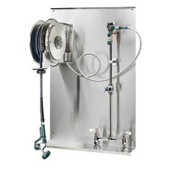 Stainless steel wall-mounted hose reel assembly with center faucet, coiled hose, and wheeled base.