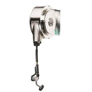 Stainless steel enclosed hose reel assembly with retractable hose and wall-mounted bracket.